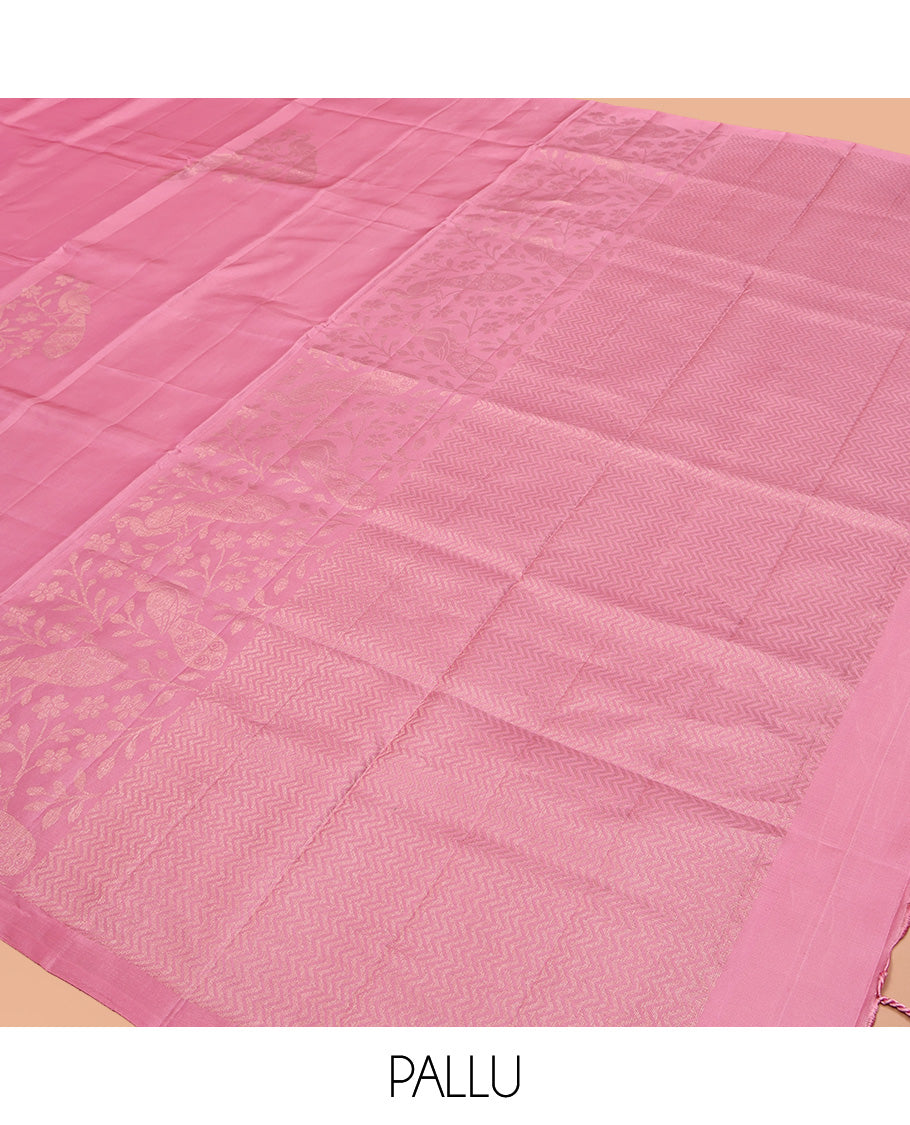 Borderless Pink Mayuri Lite Silk Mix Saree, Masterfully Woven with Zari Buttas All Over Its Body, Highlighted by Self-Pallu of Vanki Designs, and Paired with a Matching Blouse