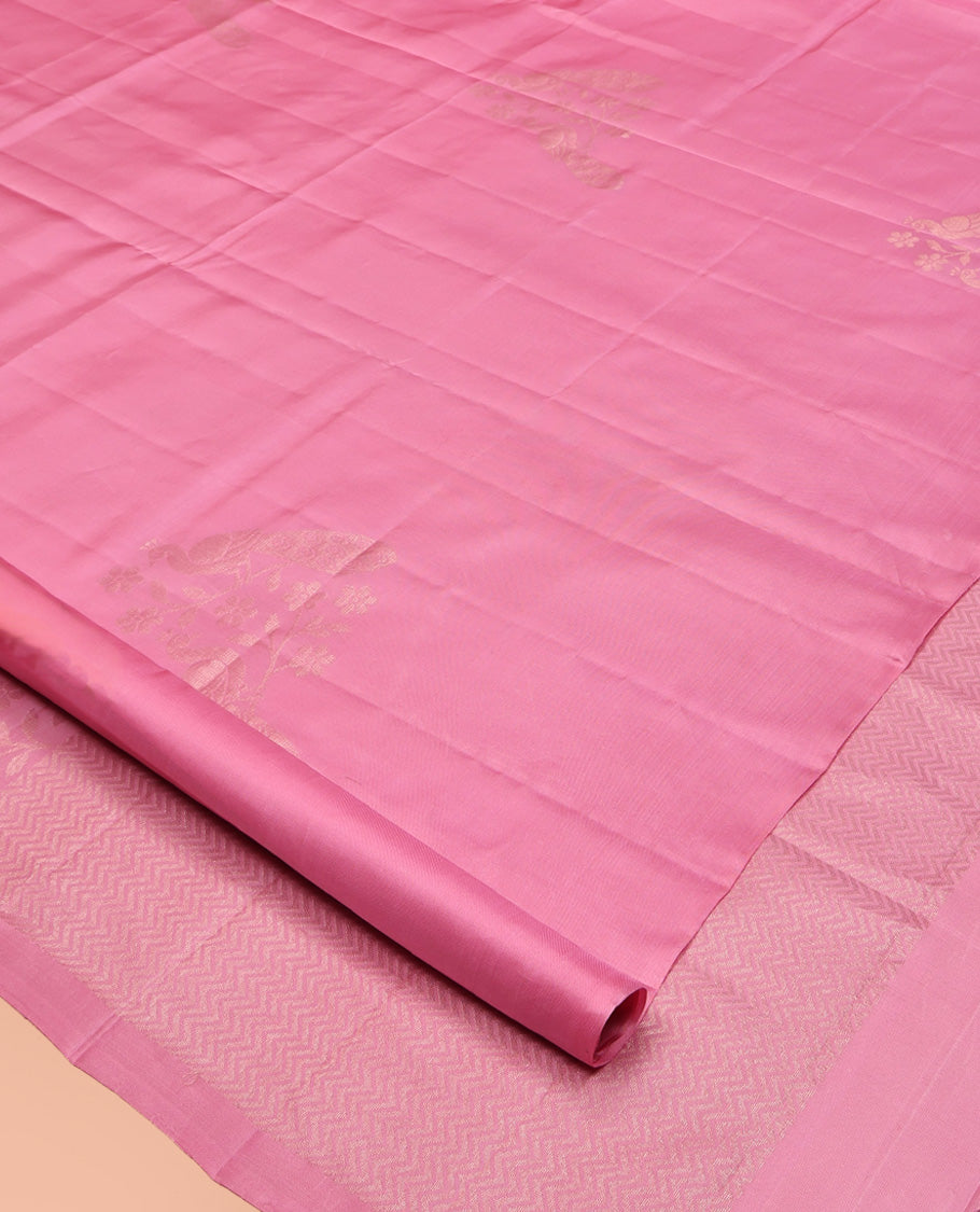 Borderless Pink Mayuri Lite Silk Mix Saree, Masterfully Woven with Zari Buttas All Over Its Body, Highlighted by Self-Pallu of Vanki Designs, and Paired with a Matching Blouse