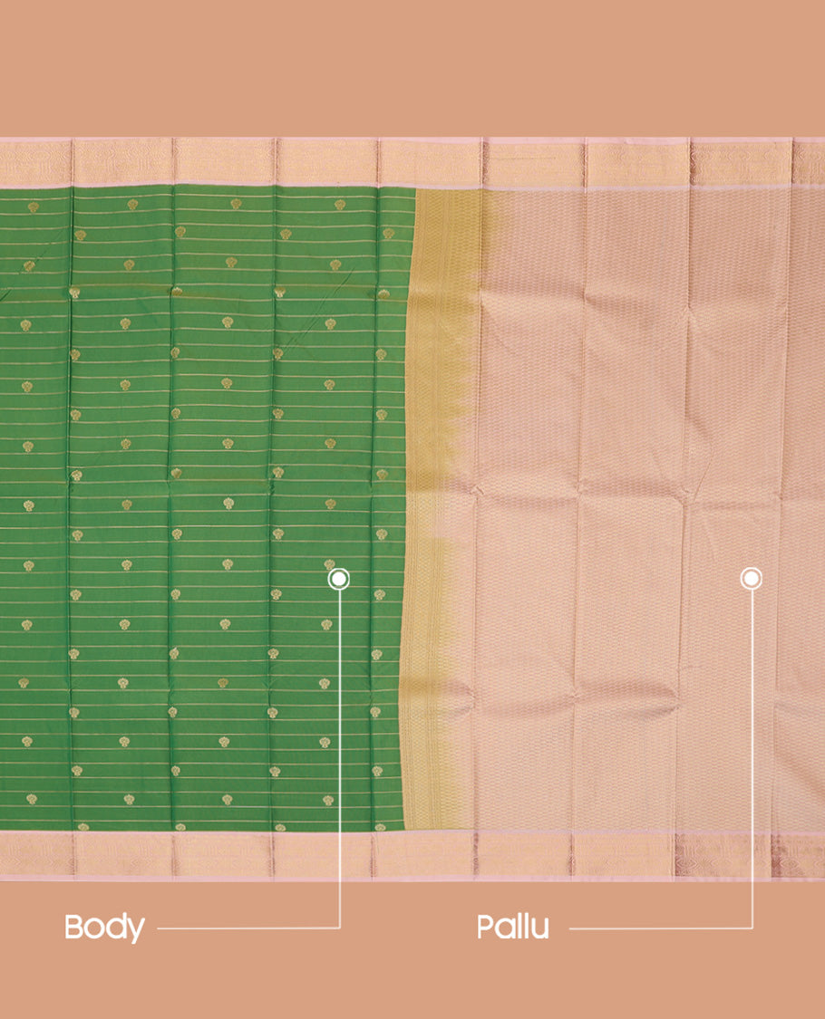 Green Budget Silk Saree, Mesmerized with Zari Buttas and Stripes, a Contrast Traditional Zari Border, Grand Pallu, and a Contrast Blouse