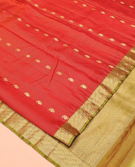 Red Vasundhara Lite Silk Mix Saree, Meticulously Crafted with Zari Buttas  and Stripes All Over Its Body, Complemented by Contrast Border, Intricately Designed Pallu, and Paired with a Contrast Blouse