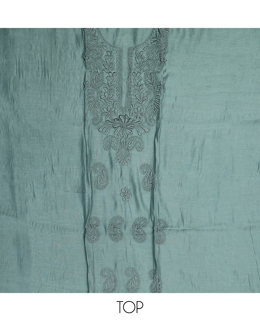Pale Green Material Chudidar Set, Delicately Woven with Floral-Paisley Embroidered Muslin Top, a Plain Santoon Bottom, and Paired with Intricately Printed Muslin Dupatta