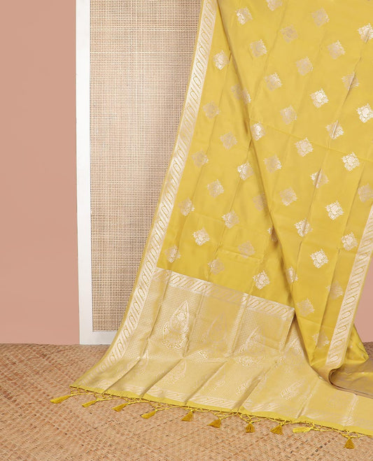 Mustard flower motifs butter silk saree with self zari design border & floral design pallu