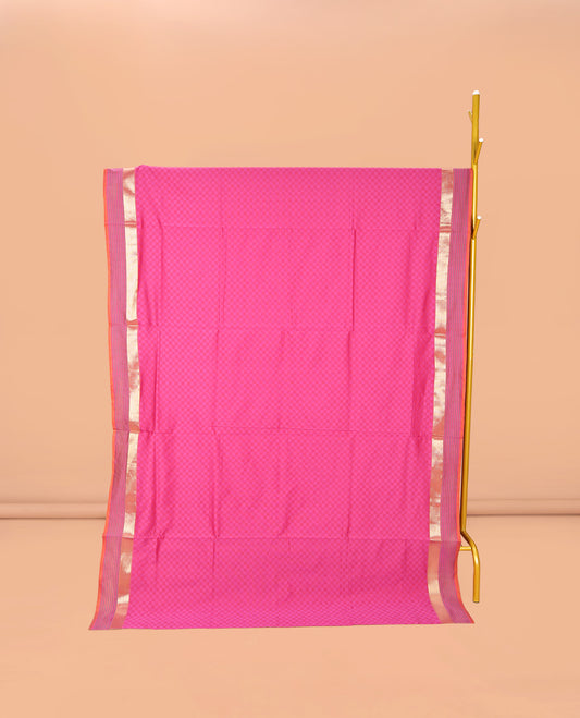Candy Pink Checked Poly Cotton Saree, Complemented by a Contrast Zari Border, Contrast Striped Pallu, and Paired with a Contrast Blouse