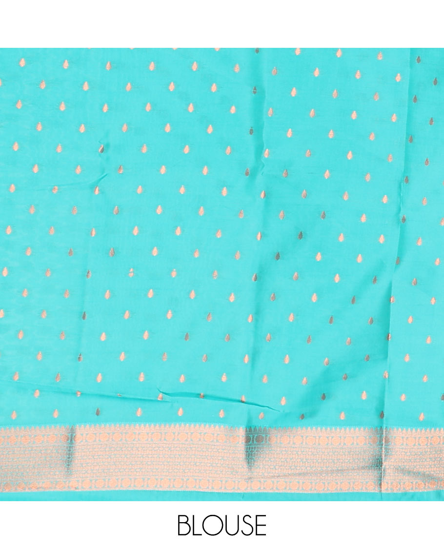 Peach geometric design butter silk saree with contrast zari border & intricate zari pallu