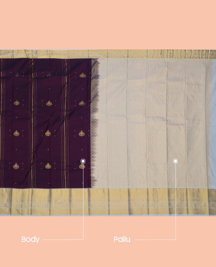 Purple Budget Silk Saree, Elevated with Zari Buttas and Stripes, a Contrast Traditional Zari Border, Grand Pallu, and a Contrast Blouse