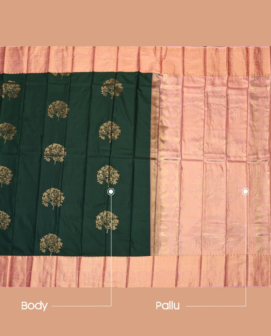 Bottle Green Budget Silk Saree, Delicately Woven with Tree Zari Buttas, Complemented by a Contrast Traditional Border, Grand Pallu, and a Contrast Blouse