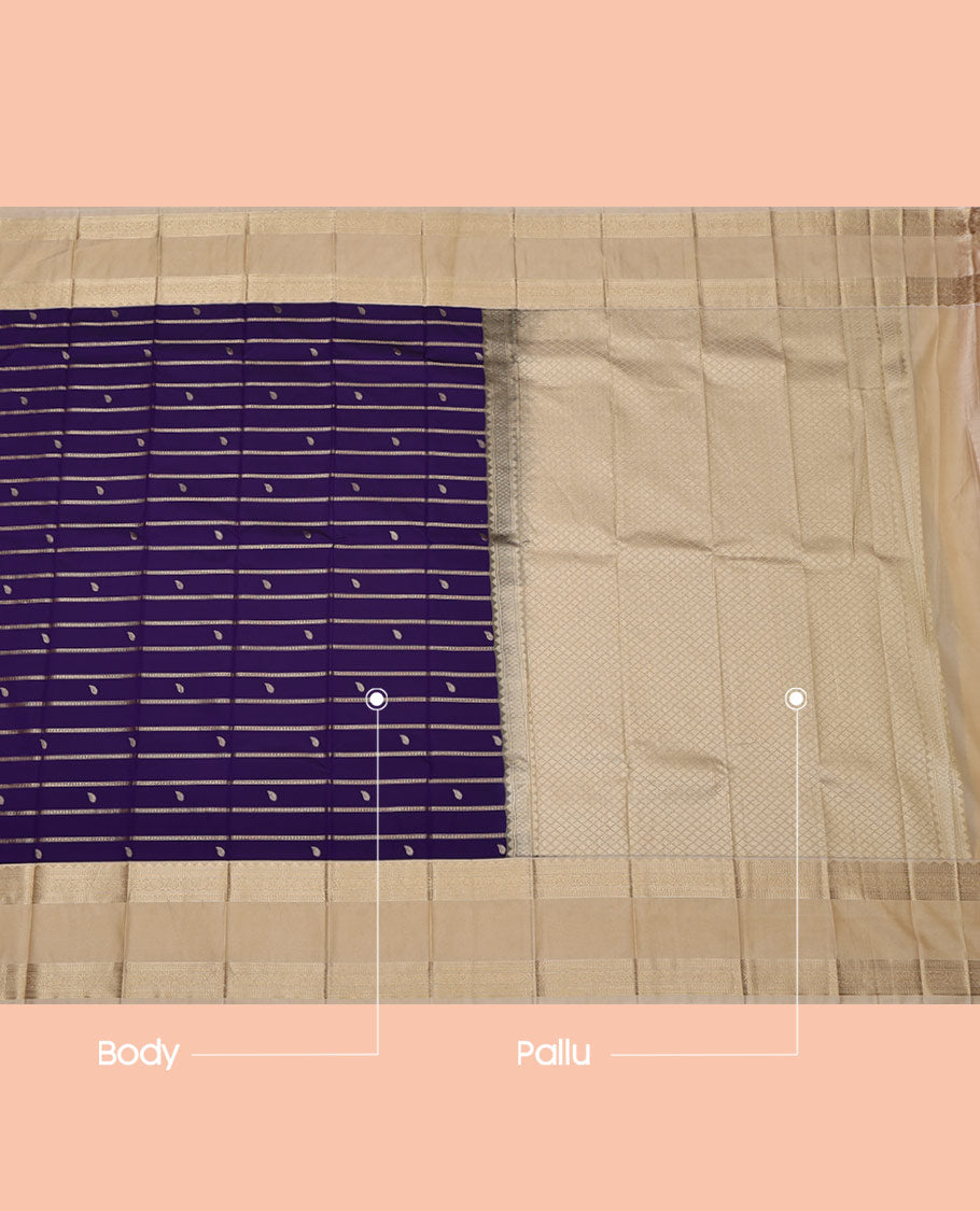 Violet Budget Silk Saree, Finely Crafted with Zari Buttas and Zari Stripes on Its Body, Complemented by a Contrast Traditional Zari Design Rettai Pettu Border, Jaal Pallu, and Paired with a Contrast Blouse