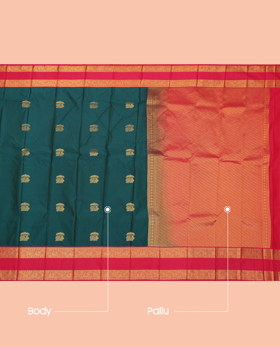 Blue Budget Silk Saree, Woven with Peacock Buttas, a Contrast Traditional Zari Border, Grand Pallu, and a Contrast Blouse