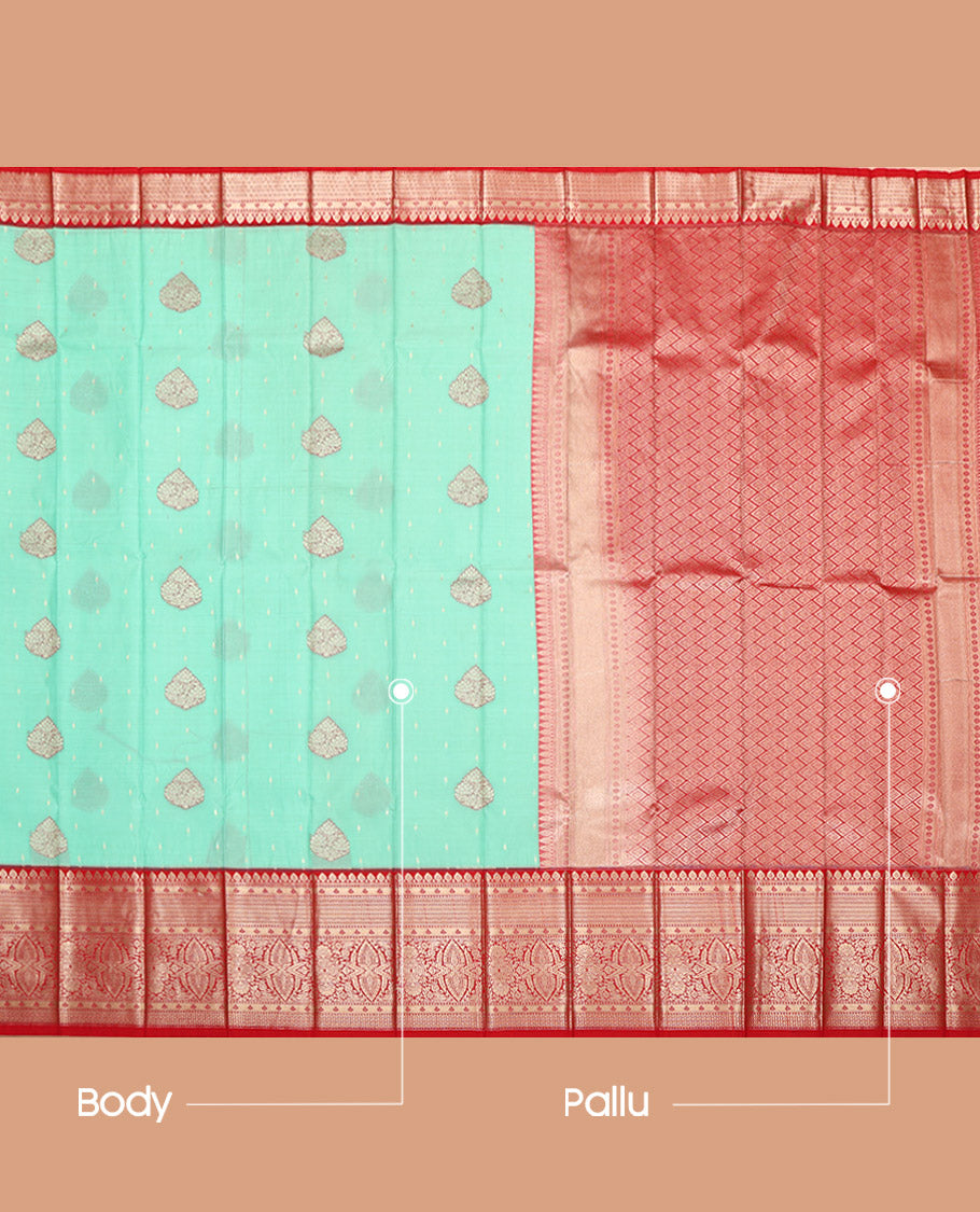 Turquoise Budget Silk Saree, Enlivened with Zari Buttas on Its Body, Complemented by a Contrast Traditional Zari Design Border, Grand Jaal Pallu, and Paired with a Contrast Blouse