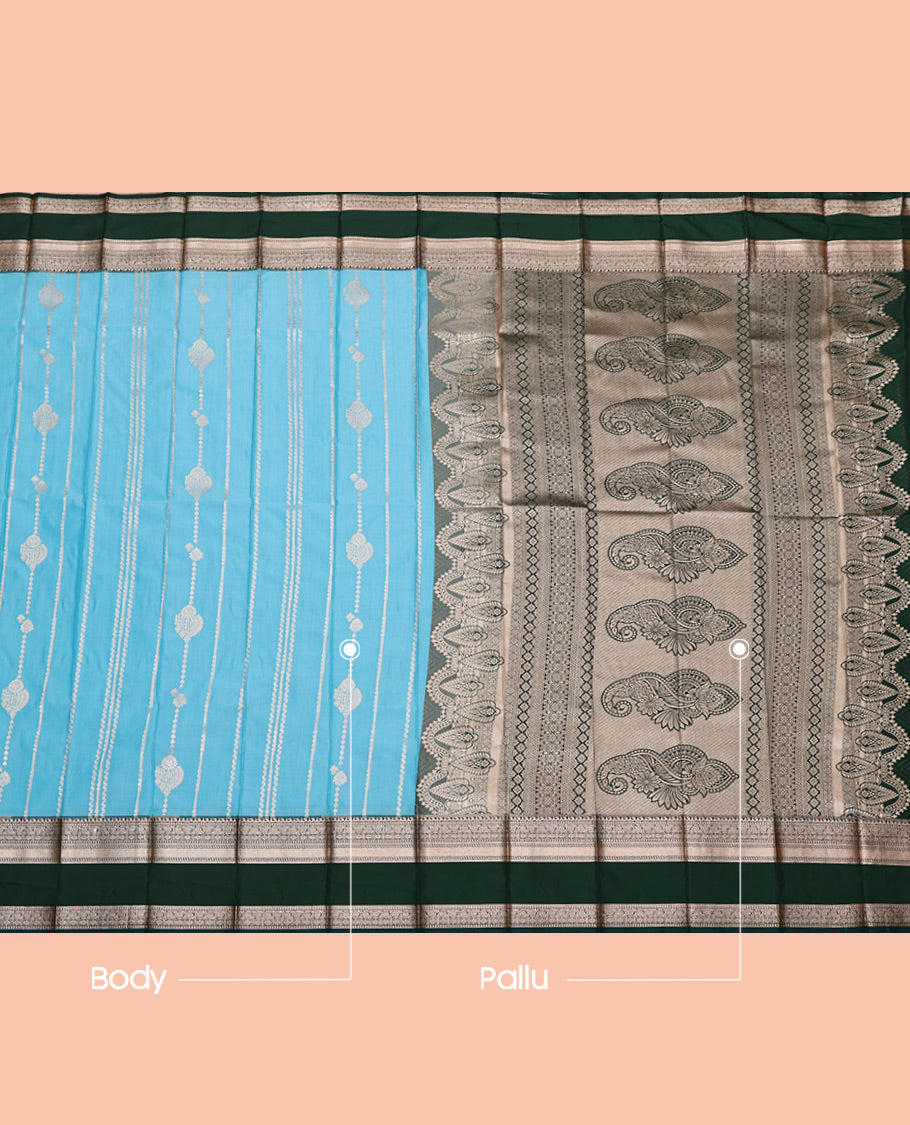 Sky Blue Budget Silk Saree, Beautified with Zari Designs All Over Its Body, Complemented by a Contrast Traditional Zari Design Rettai Pettu Border, Intricate Pallu, and Paired with a Contrast Blouse