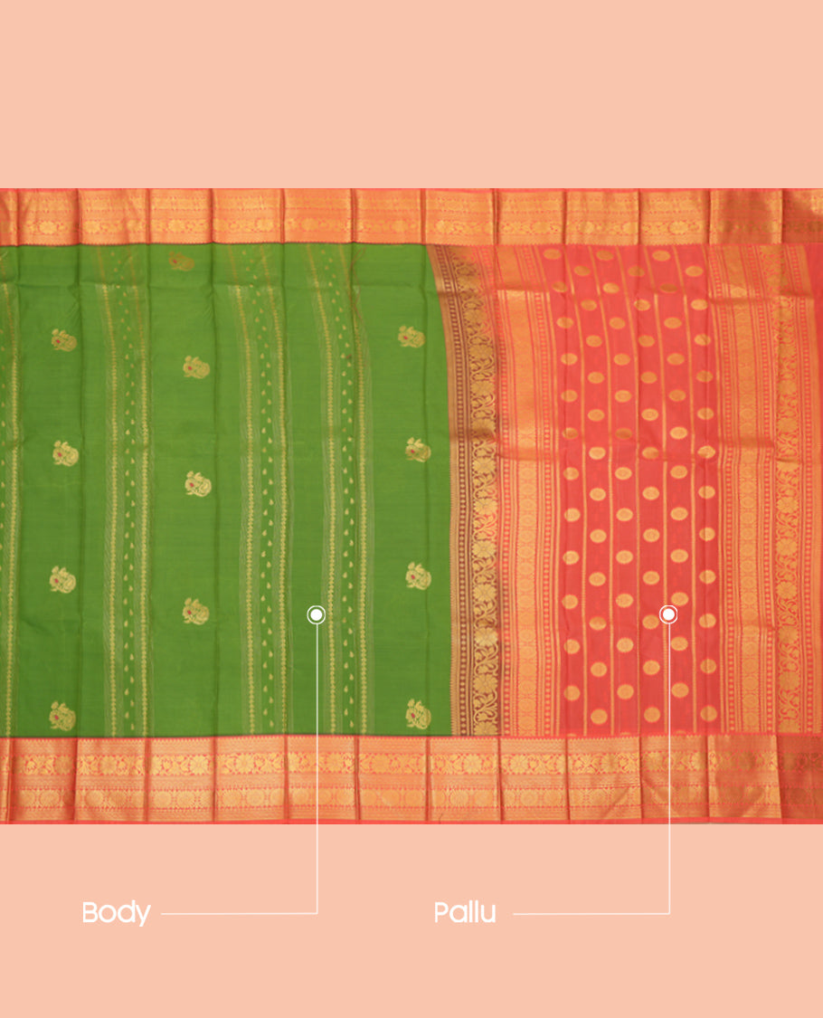 Green Budget Silk Saree Features Zari Buttas, Complemented by Contrast Traditional Zari Border, a Grand Pallu and a Contrast Blouse