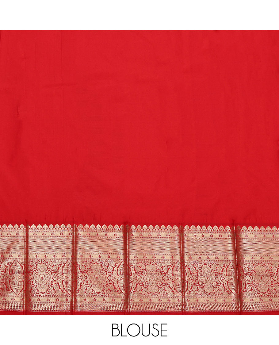 Turquoise Budget Silk Saree, Enlivened with Zari Buttas on Its Body, Complemented by a Contrast Traditional Zari Design Border, Grand Jaal Pallu, and Paired with a Contrast Blouse