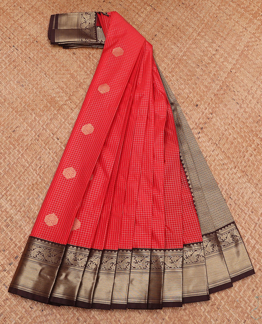 Red Budget Silk Saree, Woven with Zari Buttas and Checks, Complemented by a Contrast Traditional Zari Border, Grand Pallu, and Contrast Blouse