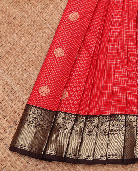 Red Budget Silk Saree, Woven with Zari Buttas and Checks, Complemented by a Contrast Traditional Zari Border, Grand Pallu, and Contrast Blouse