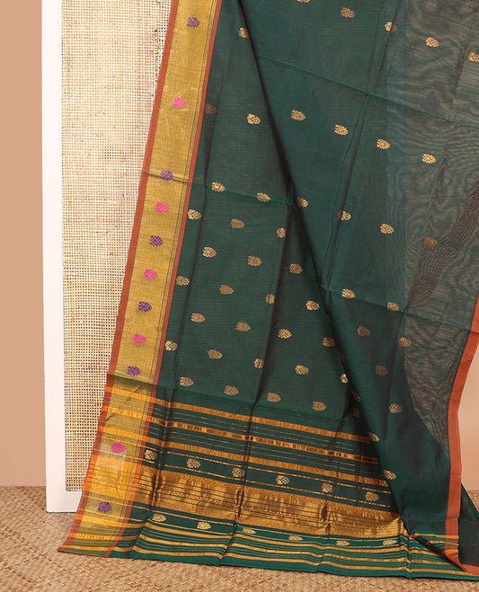 Green zari buttas Venkatagiri cotton saree, contrast zari and thread border, and zari striped pallu