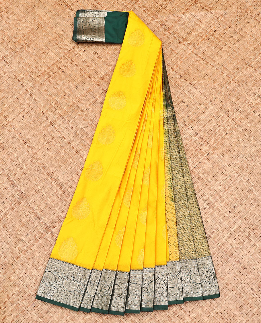 Yellow Budget Silk Saree, Subtly Sparkled with Zari Buttas, Captivating Contrast Traditional Zari Design Border, Grand Jaal Pallu, and Has a Contrast Blouse