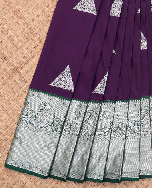 Violet Budget Silk Saree, Bedecked with Triangle Buttas All Over Its Body, Complemented by a Contrast Traditional Zari Design Border, Grand Jaal Pallu, and Paired with a Contrast Blouse