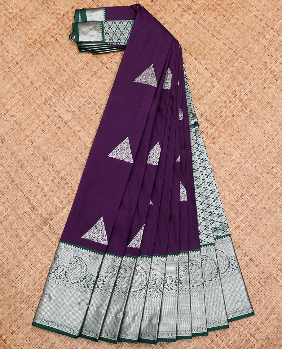Violet Budget Silk Saree, Bedecked with Triangle Buttas All Over Its Body, Complemented by a Contrast Traditional Zari Design Border, Grand Jaal Pallu, and Paired with a Contrast Blouse