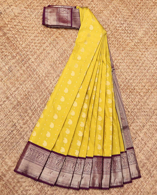 Yellow Budget Silk Saree, Sparsely Threaded with Zari Buttas, a Contrast Traditional Zari Design Border, Grand Pallu, and a Contrast Blouse