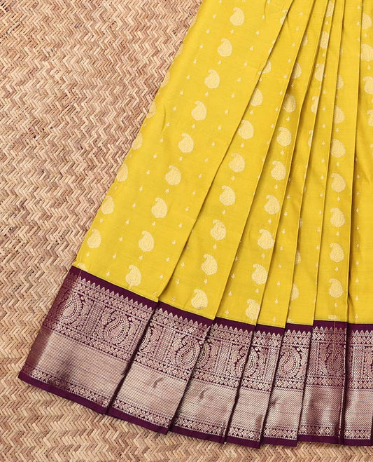 Yellow Budget Silk Saree, Sparsely Threaded with Zari Buttas, a Contrast Traditional Zari Design Border, Grand Pallu, and a Contrast Blouse