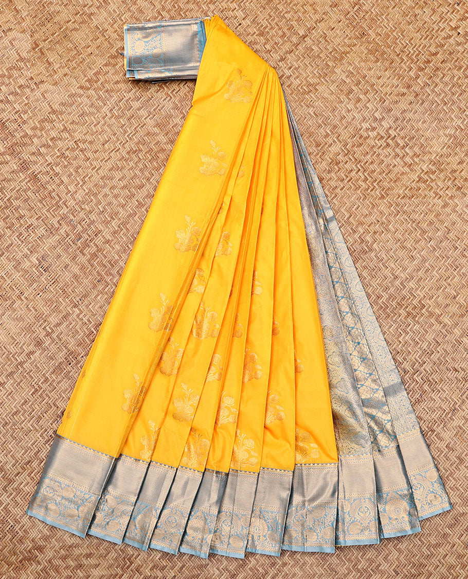 Yellow Budget Silk Saree, Highlighted by Zari Buttas, Complemented by Contrast Traditional Zari Border, a Grand Jaal Pallu and a Contrast Blouse