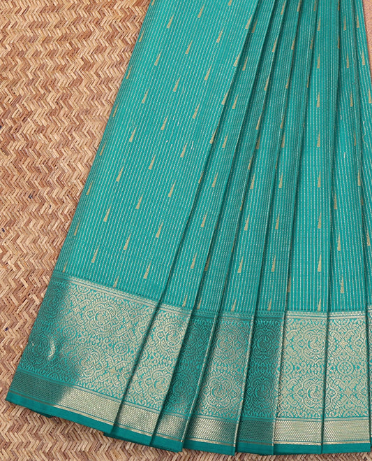 Green Budget Silk Saree, Detailed with Zari Buttas and Stripes on Its Body, Highlighted by a Traditional Zari Design Border, Complemented by Contrast Zari-Woven Pallu, and Paired with a Contrast Blouse