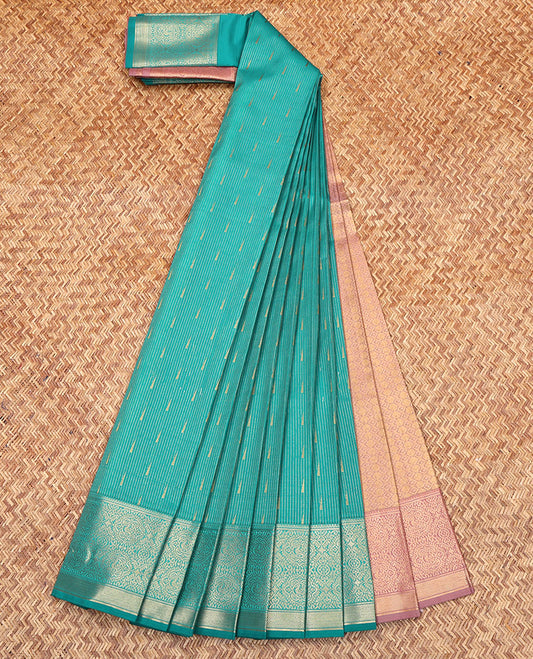 Green Budget Silk Saree, Detailed with Zari Buttas and Stripes on Its Body, Highlighted by a Traditional Zari Design Border, Complemented by Contrast Zari-Woven Pallu, and Paired with a Contrast Blouse