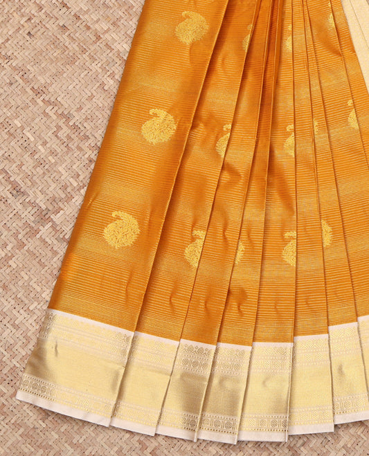Orange Budget Silk Saree, Delicately Woven with Paisley Buttas and Stripes on Its Body, Complemented by a Contrast Traditional Zari Design Border, Grand Pallu, and Paired with a Contrast Blouse