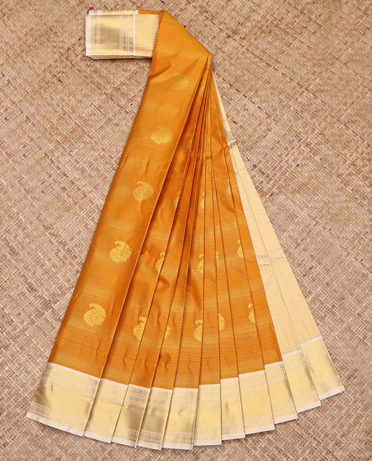 Orange Budget Silk Saree, Delicately Woven with Paisley Buttas and Stripes on Its Body, Complemented by a Contrast Traditional Zari Design Border, Grand Pallu, and Paired with a Contrast Blouse