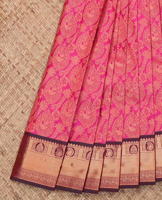 Pink Budget Silk Saree, Woven with Jacquard Design, Complemented by a Contrast Traditional Zari Border, Grand Jaal Pallu, and a Contrast Blouse
