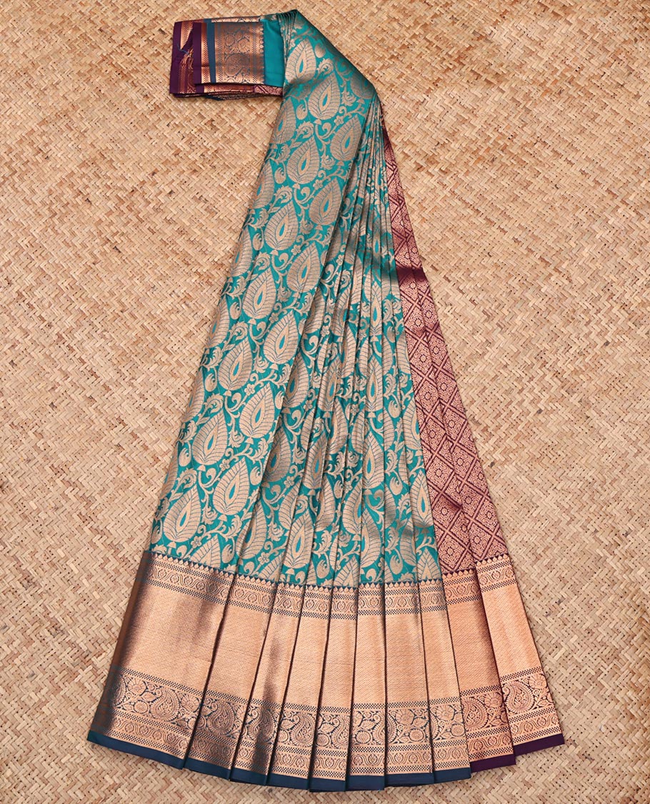 Blue Budget Silk Saree, Ornamented with Jacquard Design, Complemented by a Contrast Traditional Zari Border, Jaal Pallu, and Contrast Blouse