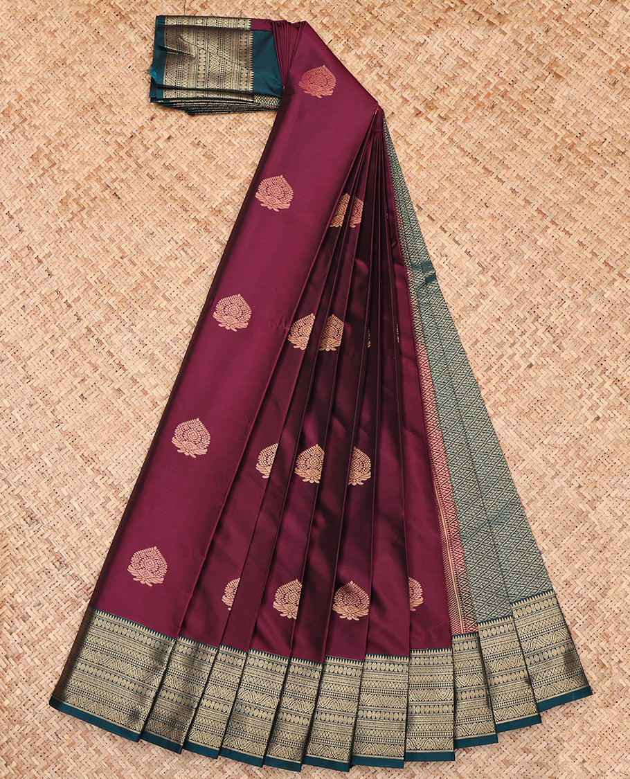 Wine Budget Silk Saree, Accentuated with Zari Buttas, Complemented by a Contrast Traditional Zari Border, Jaal Pallu, and a Contrast Blouse