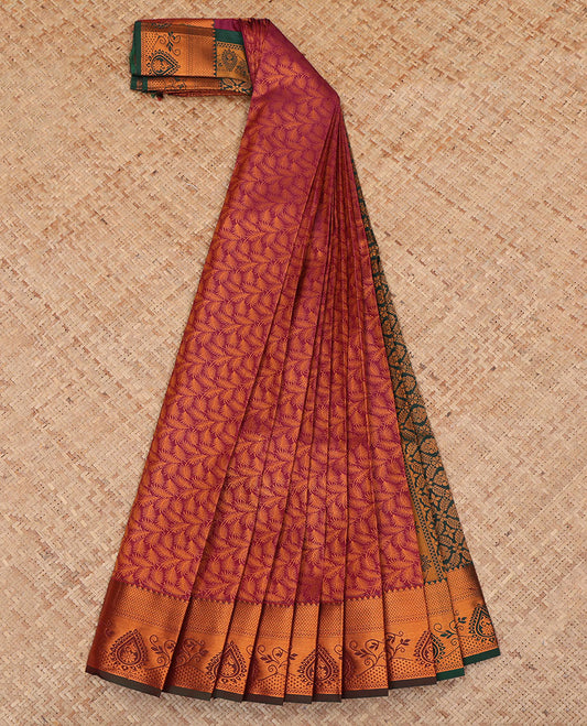 Wine Budget Silk Saree, Detailed with Jacquard Design, a Contrast Traditional Zari Border, Grand Pallu, and a Contrast Blouse