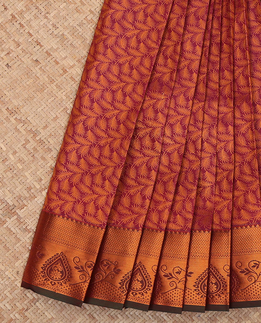 Wine Budget Silk Saree, Detailed with Jacquard Design, a Contrast Traditional Zari Border, Grand Pallu, and a Contrast Blouse