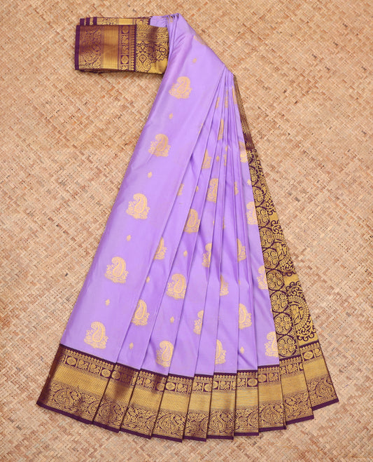 Lavender Budget Silk Saree, Accentuated with Zari Buttas, Complemented by a Contrast Traditional Zari Border, Grand Pallu, and Contrast Blouse