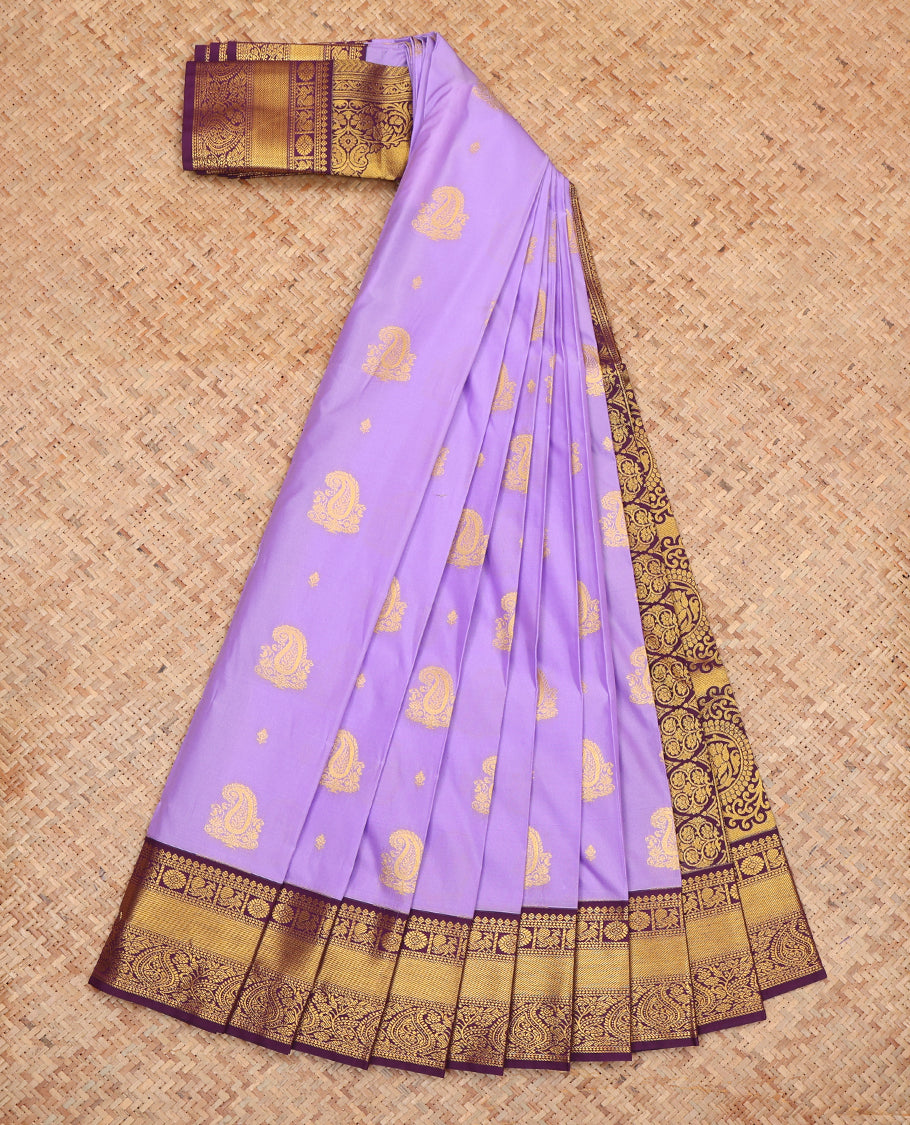 Lavender Budget Silk Saree, Accentuated with Zari Buttas, Complemented by a Contrast Traditional Zari Border, Grand Pallu, and Contrast Blouse