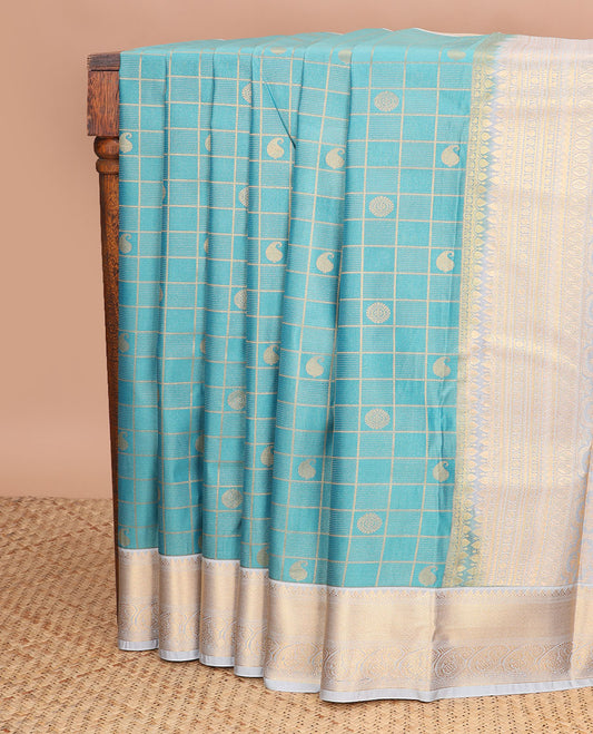 Blue checked, motifs gift saree with contrast zari design border & floral design pallu