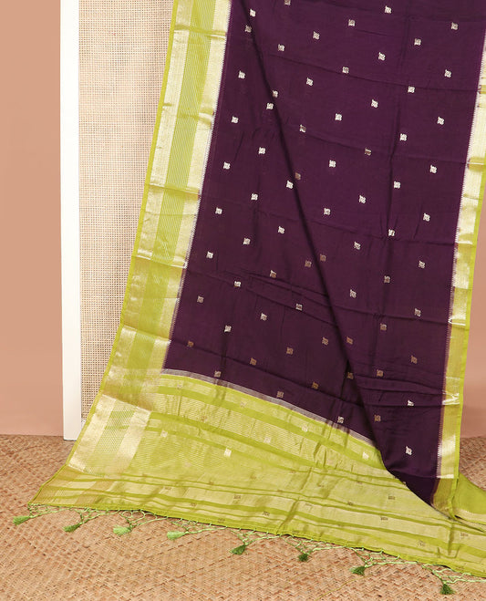 Eggplant purple peacock buttas assam silk saree, contrast traditional zari border, and pallu of zari design