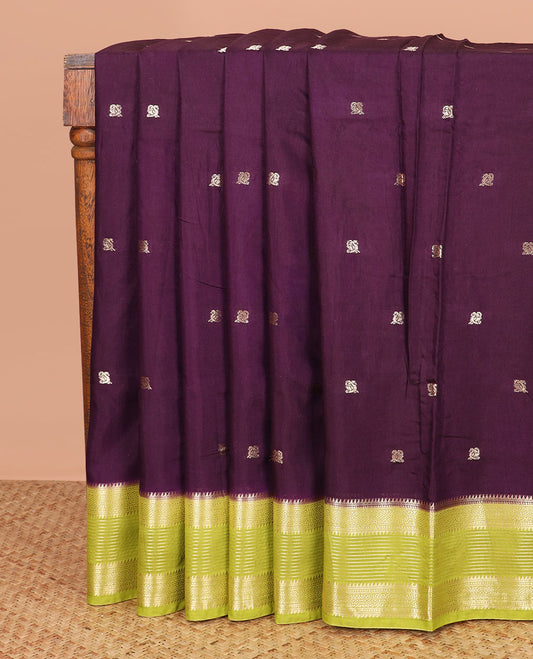 Eggplant purple peacock buttas assam silk saree, contrast traditional zari border, and pallu of zari design