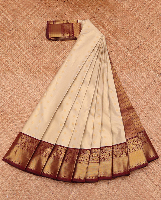 Chikku Budget Silk Saree, Sparsely Threaded with Zari Buttas, Complemented by a Contrast Traditional Zari Border, Grand Pallu, and a Contrast Blouse