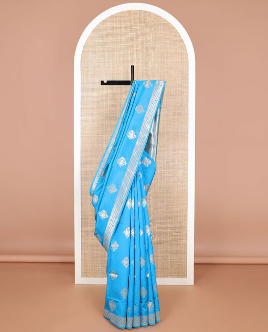 Blue flower motifs butter silk saree with self zari design border & floral design pallu