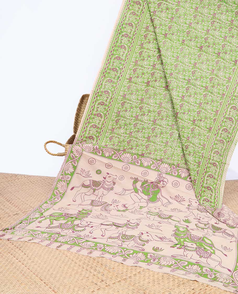 Green intricately machine-printed kalamkari cotton saree, contrast Pichwai cow & God Krishna motif pallu