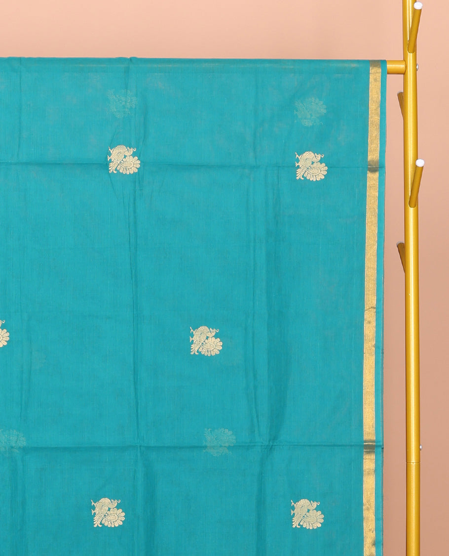 Blue Dual-tone Venkatagiri Cotton Saree Featuring Peacock Buttas, a Contrast Zari Border, Pallu of Buttas and Stripes, and No Blouse