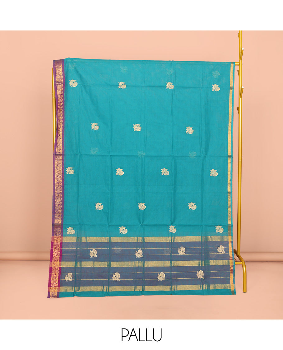 Blue Dual-tone Venkatagiri Cotton Saree Featuring Peacock Buttas, a Contrast Zari Border, Pallu of Buttas and Stripes, and No Blouse