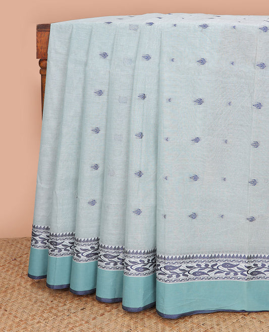 Grey motifs bengal cotton saree with contrast floral design border & striped, motifs pallu