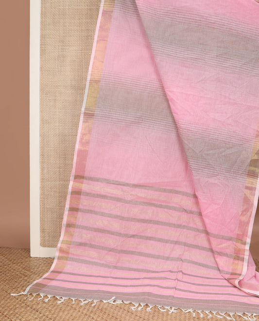 Pink & grey-color striped jute cotton saree, zari border & pallu of stripes