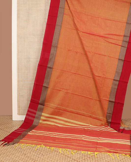 Light Orange plain design Narayanpet cotton saree, contrast grid design border & striped pallu