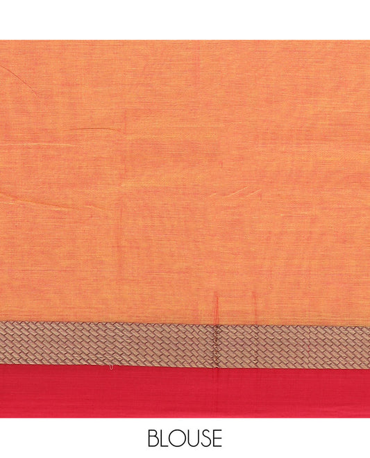 Light Orange plain design Narayanpet cotton saree, contrast grid design border & striped pallu