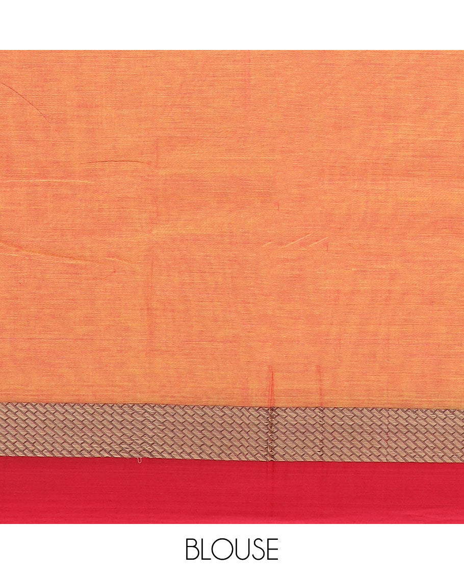 Light Orange plain design Narayanpet cotton saree, contrast grid design border & striped pallu