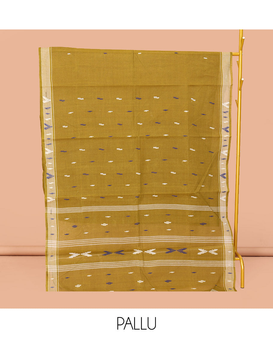 Green Bengal Cotton Saree Features Thread Buttas, a Subtle Border, a Pallu of Stripes and Buttas, and a Matching Blouse